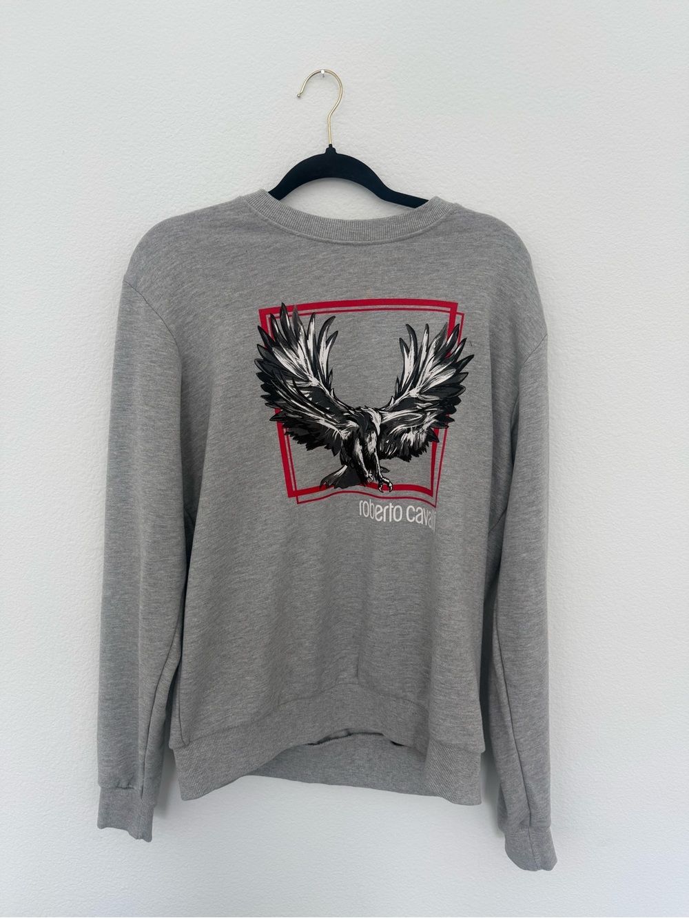 Roberto Cavalli Gray Crewneck Sweatshirt with Eagle Graphic and Red Frame